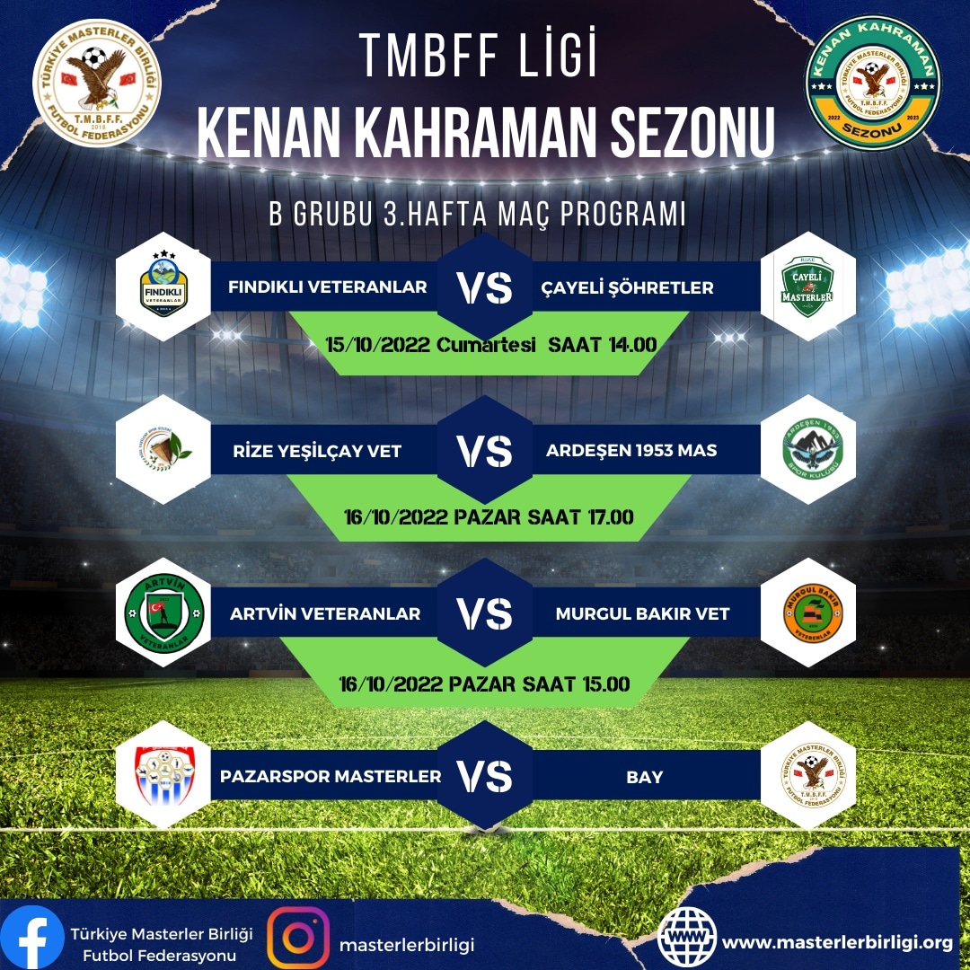 TMBFF LİGİ KENAN KAHRAMAN SEZONU                B GRUBU 3.HAFTA MAÇ PROGRAMI