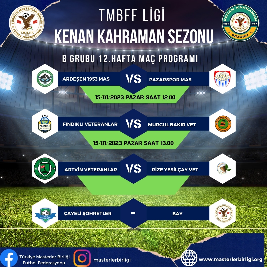 TMBFF LİGİ KENAN KAHRAMAN SEZONU                B GRUBU 12.HAFTA MAÇ PROGRAMI