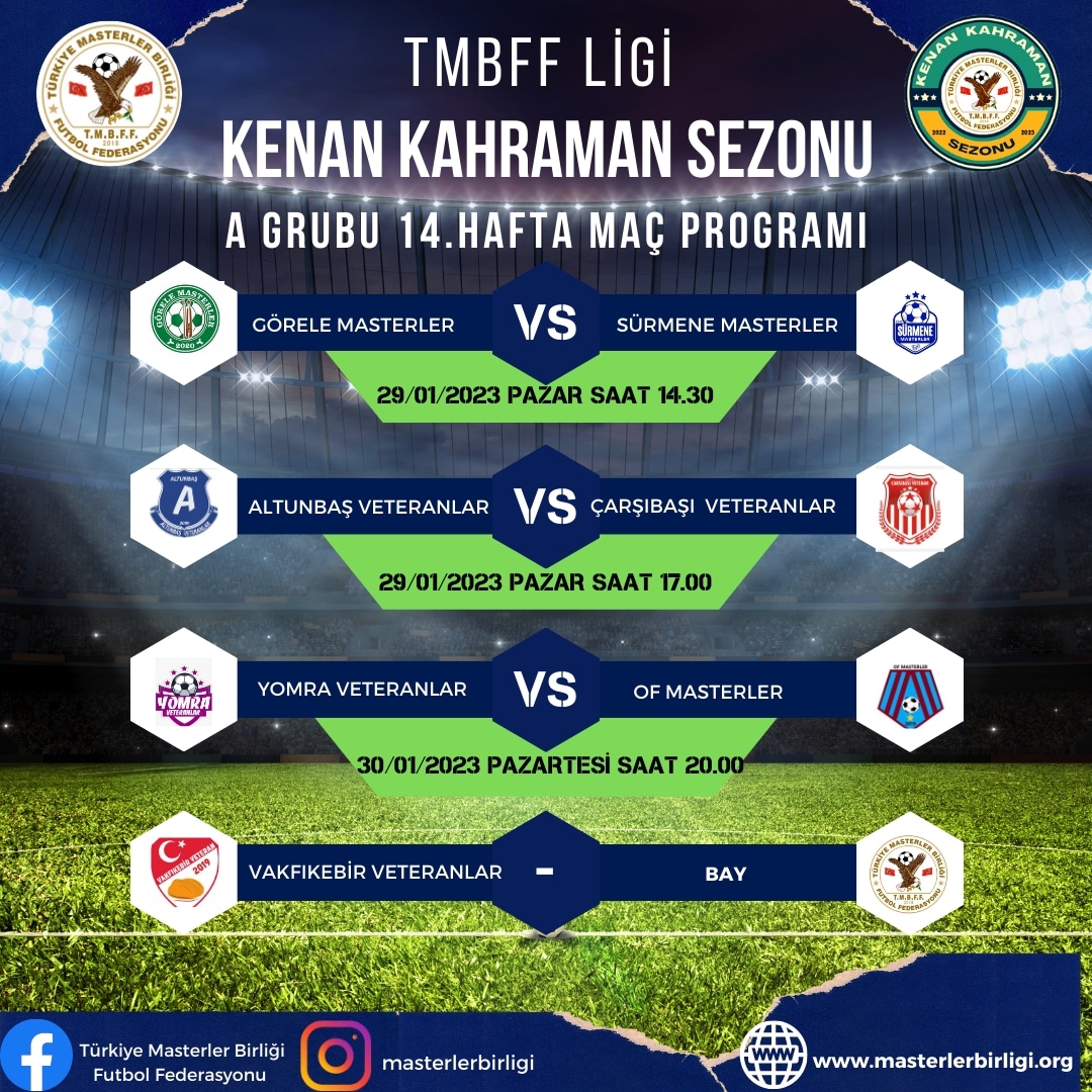 TMBFF LİGİ KENAN KAHRAMAN SEZONU                A GRUBU 14.HAFTA MAÇ PROGRAMI